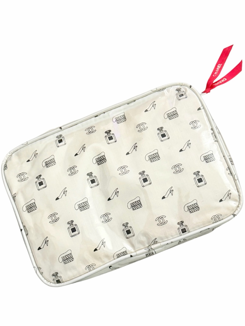 Vintage 1980s CHANEL White & Black Logo Graphic Cosmetic Makeup Bag Travel Pouch
